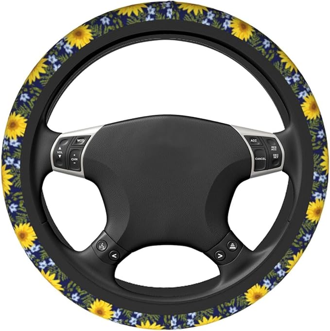 Sunflower Steering Wheel Cover with 2 Car Coasters Non Slip Neoprene for Women Men Universal 15 Inch