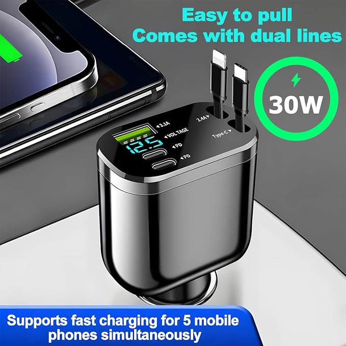 Retractable Car Charger, 4 in 1 Super Fast Vehicle Phone Charger Adapter, Auto Cellphone Charging Accessories with Dual Type C Cables & 2 USB Ports, Universal for SUV, Sedan, Truck