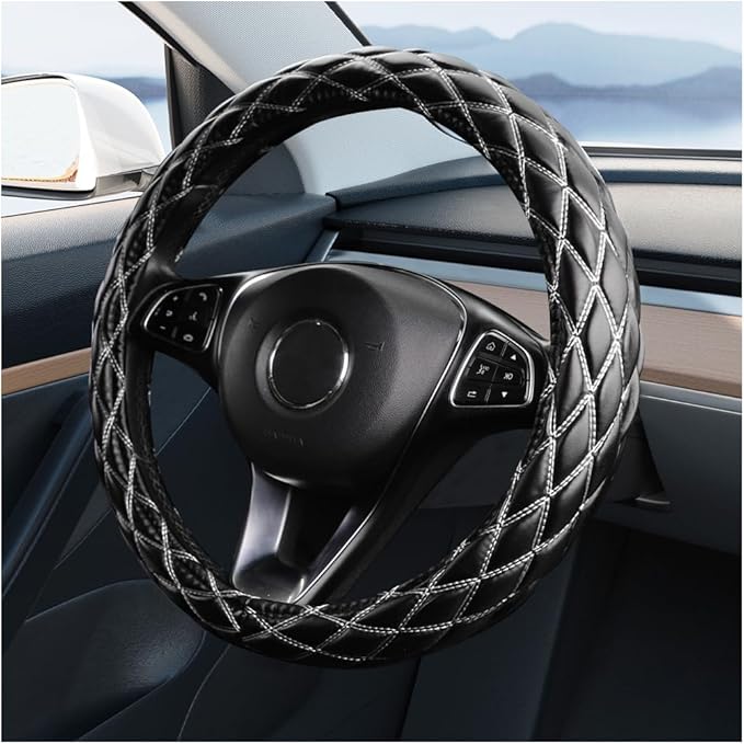 Car Steering Wheel Cover, 15" Soft Rubber Foldable Vehicle Steering Wheel Protector with Anti-Slip Lining, Automobile Interior Decoration Accessories, Universal for Most Vehicles (Black/White)