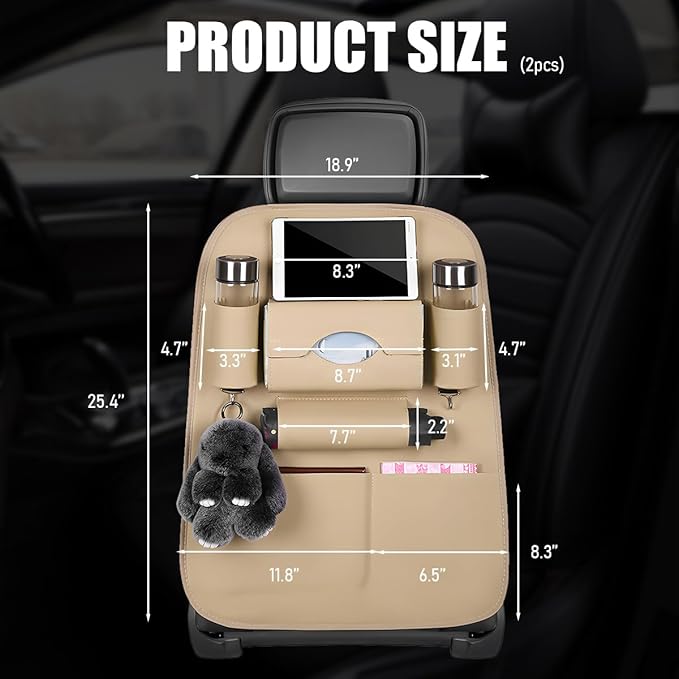 2PCS Car Seatback Organizer, Waterproof Leather Seat Back Storage with Cup Holder Tissue Holder Multiple Pockets, Back Seat Protector Kick Mats for Kids, Travel Accessories (Beige)