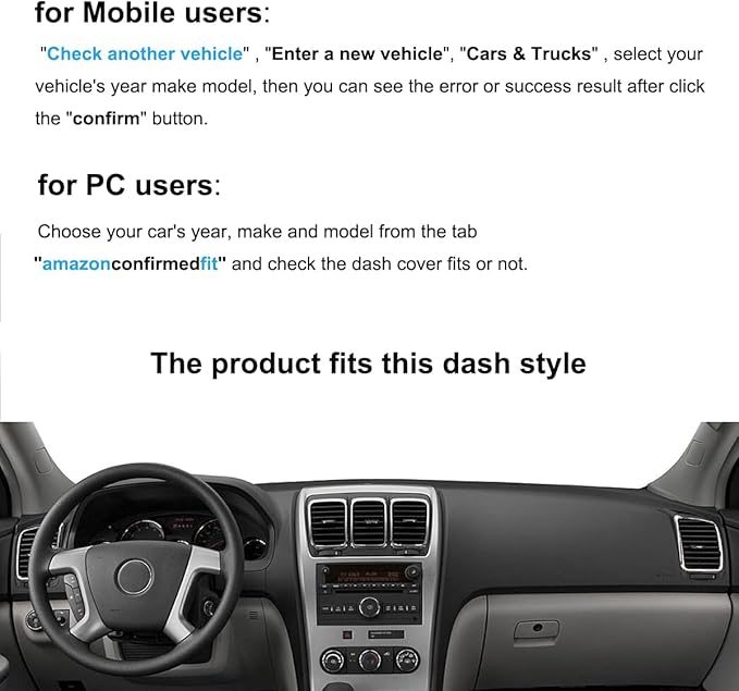 Dash Cover Mat Custom Fit for GMC Acadia Without Headup Display Dashboard Pad Cap Carpet Protector K296 (Black)