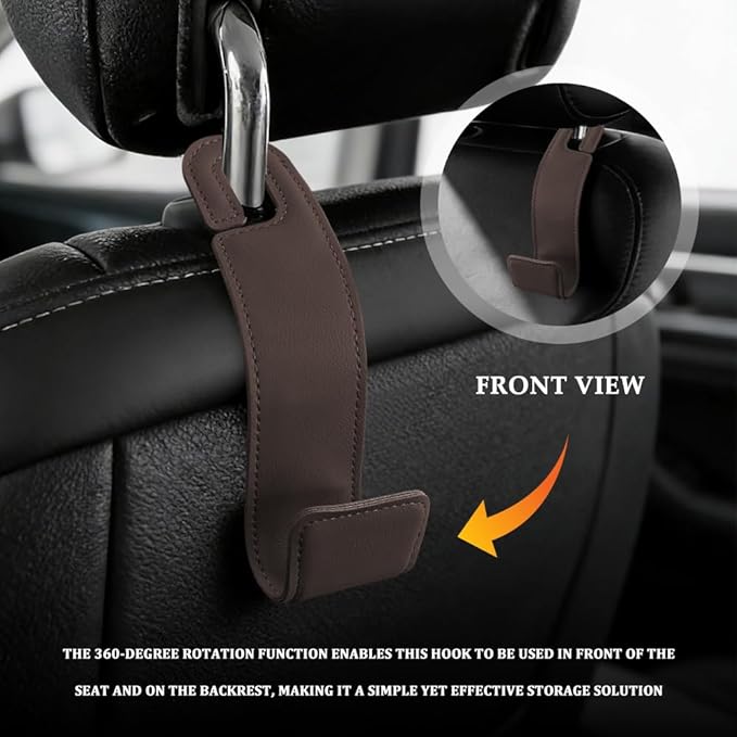 2PCS Purse Holder for Car, Purse Hook for Car, Leather Headrest Hooks for Automotive Back Seat, Auto Accessories Back Seat Organizer Hook for Grocery Bag Handbag Coat (Brown, 2PCS)