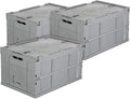 Mount-It! Folding Plastic Storage Crate, PACK OF 3, Collapsible Utility Distribution Container with Attached Lid, 65L Liter Capacity, Gray,