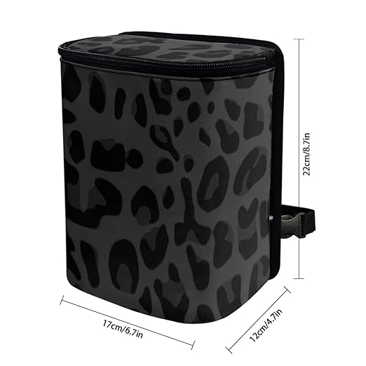 Black Leopard Car Trash Can, Waterproof Car Garbage Can with Lid and Zip Clouse, Leak Proof Portable Car Trash Bag Hanging Vehicle Organizer