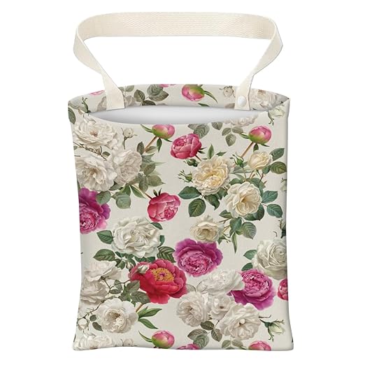 ABUIFDK Car Trash Can, Cute Car Trash Bag, Hanging Car Organizer and Storage Bag, Trash Bin for Car Accessories, Vehicle, Travelling, Camping Cute White Pink Flowers