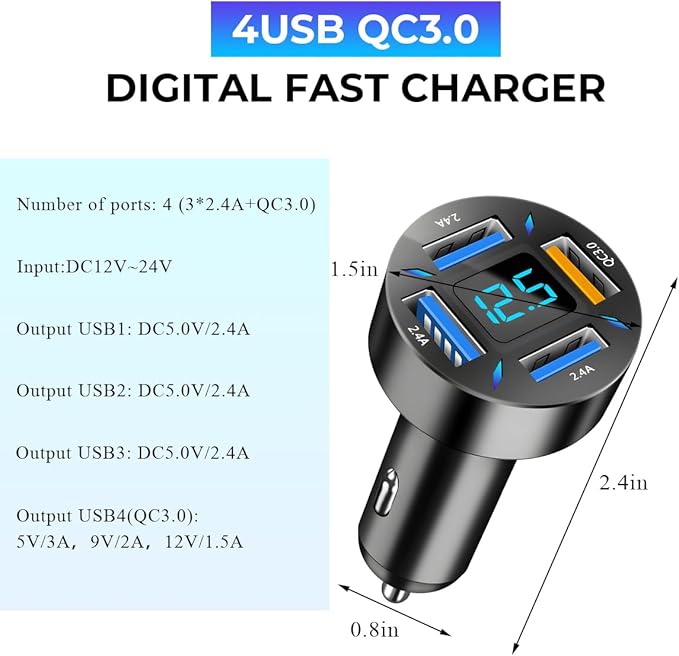 Augeny USB C Car Charger, 4 Port Auto Fast Charger with USB QC3.0, Cigarette Lighter USB Automotive Adapter Compatible with Most Mobile Cell Phone, Car Accessories (QC 3.0)