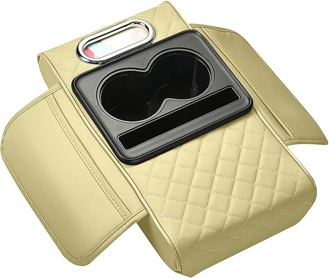 Car Armrest Cushion, 5-in-1 Center Console Cover with 2 Storage Bags Cup Holder Tissue Box Slot, Car Center Console Cover Pad Car Armrest Box Cover for SUV Truck (Gold)