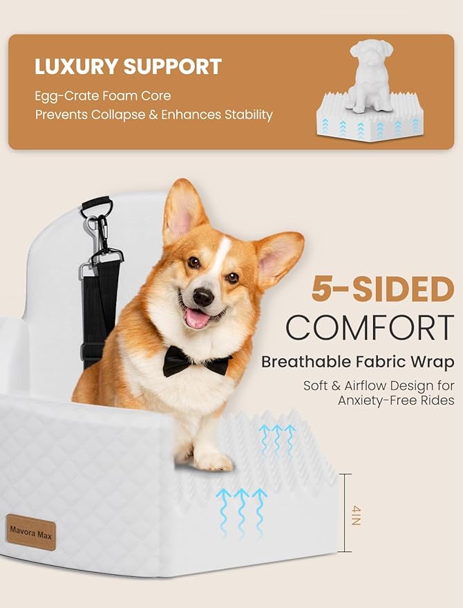 Mavora Max Dog Car Seat for Small/Medium Dogs, Elevated Dog Booster Seat Memory Foam Puppy Car Seat with Washable Cover, Travel Safety Pet Seat for Car with Storage Pockets Up to 35 lbs (White)