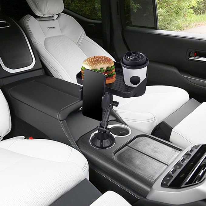 Car Cup Holder Tray - Car Trays for Eating, 3-in-1 Adjustable Swivel CAR Food Tray, Universal Vehicle Cup Holder Expander Drink Stand for Food, Phone - SUV Truck Road Trip Essentials