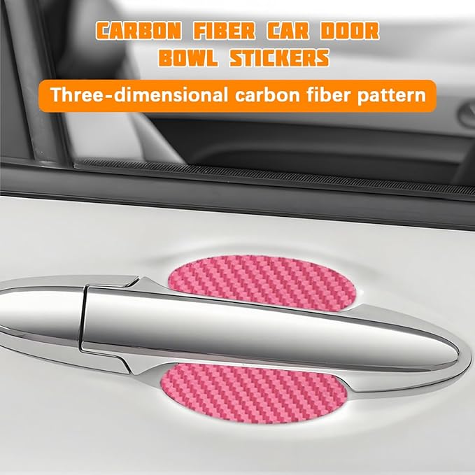 Car Door Handle Cup Protector, 4PCS Carbon Fiber Anti-Scratch Vehicle Door Handle Bowl Sticker, Self-Adhesive Automotive Paint Protective Film, Universal for SUV RV Truck (Pink)