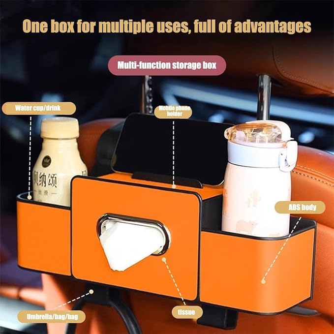 Car Multifunctional Seat Back Waterproof Storage Bag, Multifunctional & Waterproof Car Back Seat Organizer with 2 Cup Holders&Hooks, Hanging Storage Box for Most Cars (orange)