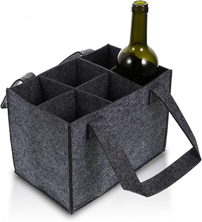 6 Bottle Wine Carrier with Divider Felt Wine Storage Tote Bag, Portable Reusable Wine Travel Bag with Handle for Christmas Travel Camping Picnic Party (Dark Gray)