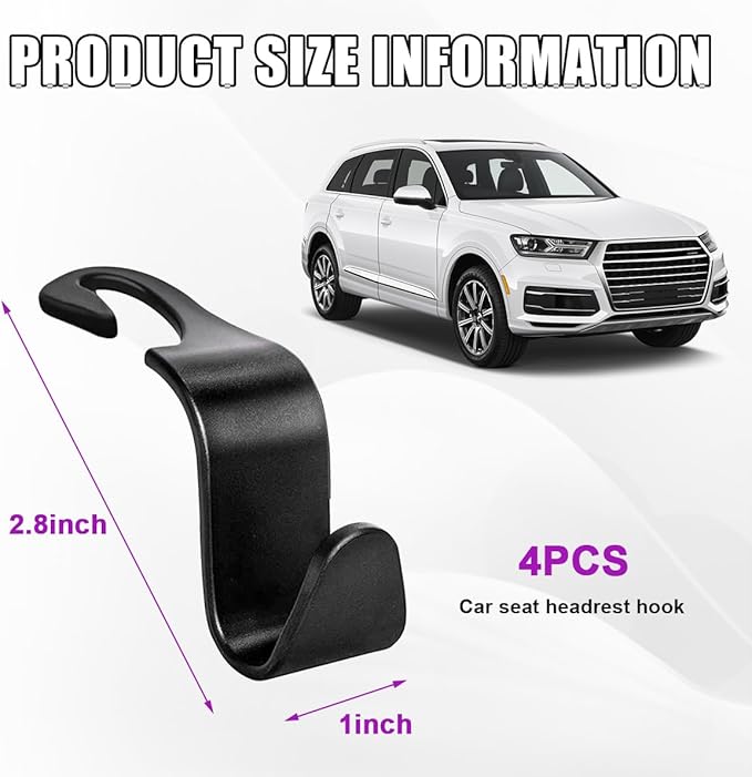 4 PCS Car Seat Headrest Hooks, Auto Backseat Organizer Hanger Holder, Vehicle Seat Back Storage Hooks for Purse Coat Umbrella Grocery Bag Handbag, Interior Car Accessories (Black)