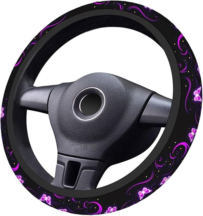 Swono Butterfly Purple Steering Wheel Cover for Men Women Abstract Purple Butterfly and Flower On The Black Universal 15 Inch Auto Neoprene Case Anti-Slip Car Wheel Protector