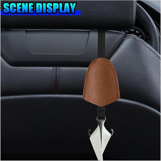 2PCS Car Seat Hooks for Headrest, Leather Car Seat Back Storage Hanger with Double Hooks, Universal Hidden Auto Organization Accessories for Purses, Bags, Umbrellas, Handbags (Brown)