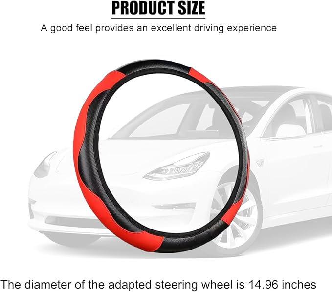 Carbon Fiber Car Steering Wheel Cover, 14.5-15 Inch Elastic Stretch Steering Wheel Guard, Sports Style Non-Slip Automotive Interior Accessories, Universal for Vehicles (Black/Red)