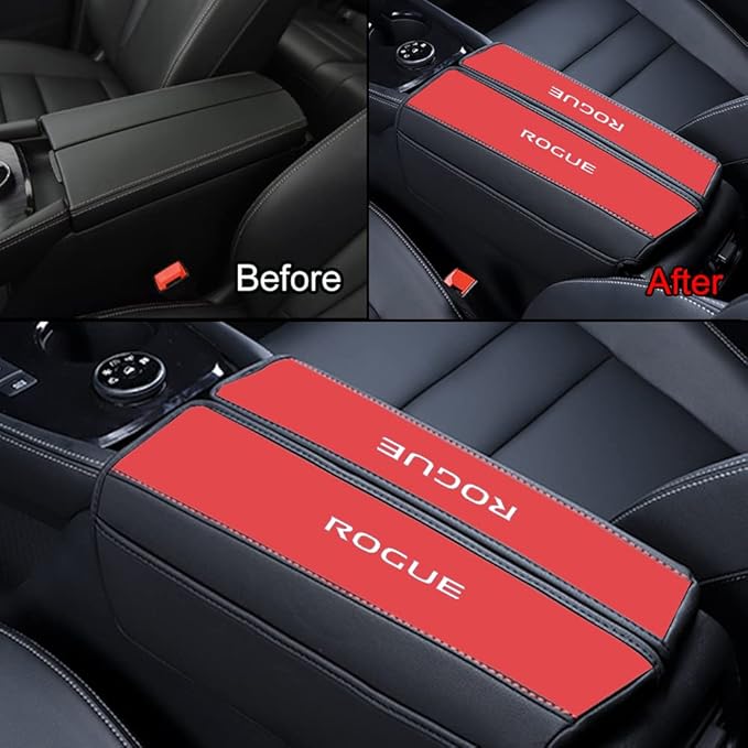 XITER 1PC Leather Center Console Armrest Cover with Side Pockets for Nissan Rogue 2021 2022 2023 2024 2025 2026 Accessories(Black+Red)