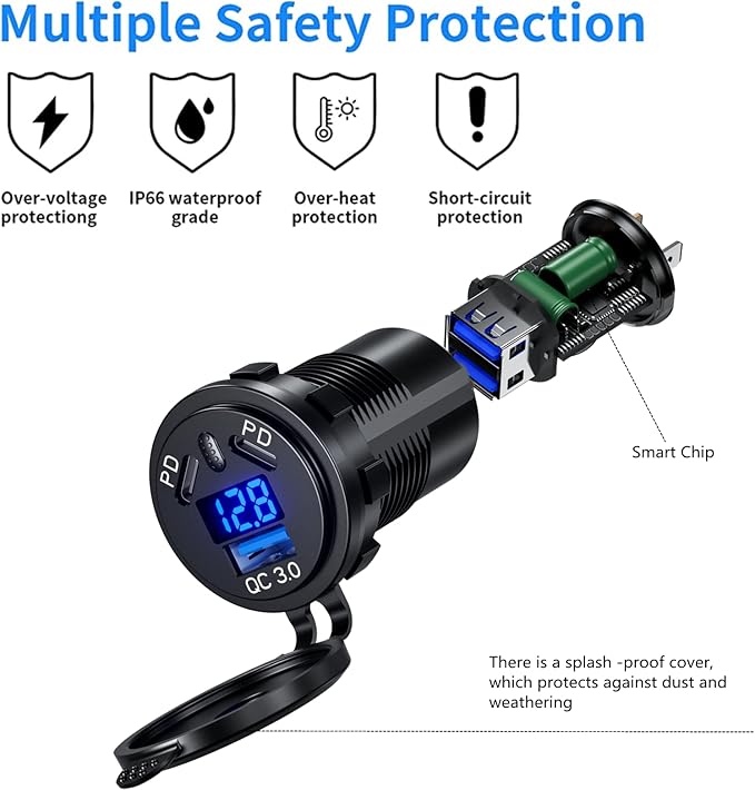 2 Pack 12V USB Outlet Wire Charger Multi Port, 108W Dual PD & QC 3.0 Car Port Socket with Power Switch, USB C Cigarette Lighter Replacement 12 Volt Socket with Voltmeter Waterproof for Marine Boat RV
