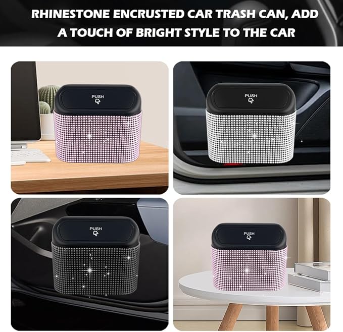 Car Trash Can with Lid & Rhinestones Design,Push-on Car Trash Bin for Storing Trashes Items & Cars Decor Includes 30PCS Trashes Bag,Shiny Cars Garbage Can with Back Clip for Side Door (Black Diamond)
