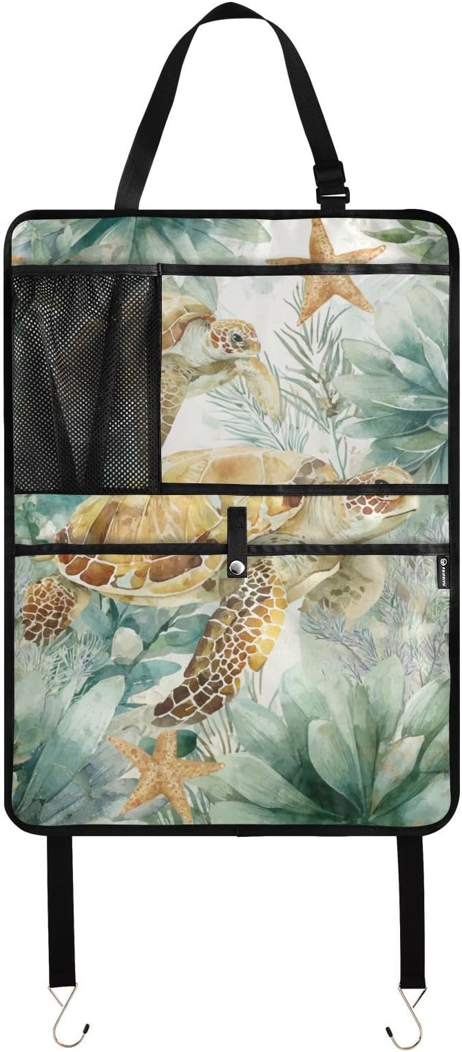 2 Pack Back Seat Car Organizer with Storage Pockets Kick Mats Back Seat Protector Hanging Car Organizer Automotive Seat Back Cover Organizers Sea Turtle Starfish Plants