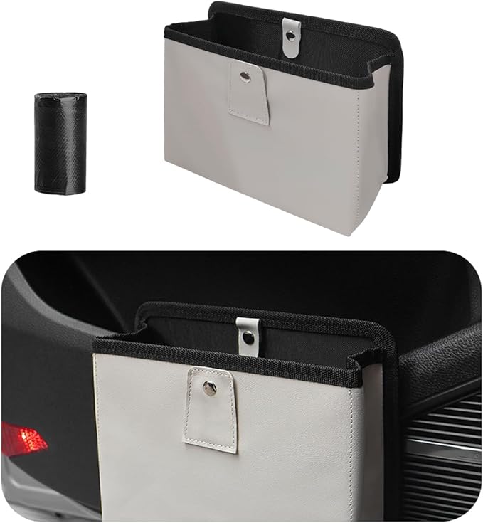 Car Trash Can, Foldable Waterproof Leather Car Garbage Organizer Holder, Automotive Mini Dustbin Container with One Roll Trash Bag, Universal Interior Car Accessories (Beige, M)