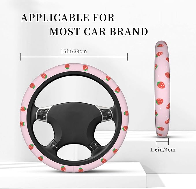Pink Strawberry Steering Wheel Cover Neoprene Universal 15 Inches Car Steering Wheel Protector for Women Men