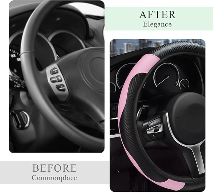 Elastic Steering Wheel Cover with Anti-Slip Lining - Microfiber Leather Carbon Fiber Steering Wheel Protector (Black + Pink)