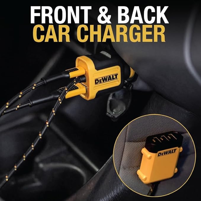 DEWALT Heavy Duty 72W 5 Port USB Car Charger Multiport, iPhone 16 Multi USB Car Charger, Fast Charge PD & QC3.0 Cigarette Lighter Adapter w/ 6FT Cable, Type C Front/Back Charging for Multiple Devices