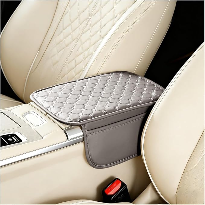 Car Center Console Cover, Leather Vehicle Armrest Storage Box Protector with 2 Storage Bags, Automotive Interior Middle Console Cushion Pad, Universal for SUV Sedan Truck (Gray)