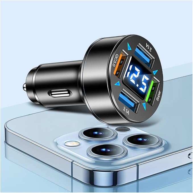 66W Fast Car Charger,4 Ports Cigarette Lighter USB Charger with LED Voltmeter,QC3.0/Super Port Car Charger Adapter Fast Charging,Compatible with Android/Samsung Galaxy/iPad(QC3.0/Super)