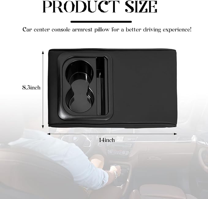 Car Center Console Armrest Pillow, 14"×8.3" Leather Memory Foam Armrest Cushion with Cup Holder & Phone Holder, Waterproof Middle Console Cover Box Protector for Most Vehicle (Glossy)