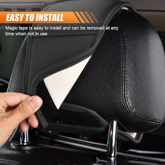 2PCS Car Headrest Covers for Back Seat, Leather Dirt-Proof Car Seat Head Rest Protector with Pocket, All Season Universal Auto Interior Decoration Headrest Organizer for Phone, Key (Black)