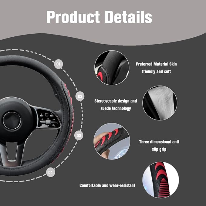 HZEL Car Steering Wheel Cover, 14.5-15" Breathable Vehicle Steering Wheel Protector with Anti-Slip Lining, Comfortable Auto Interior Decoration Accessories, Universal for Truck SUV Sedan (Red)