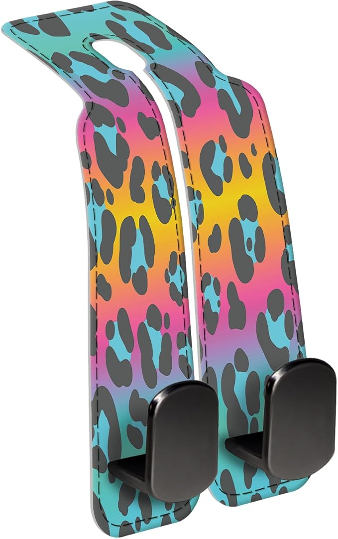 AXBSAKDI Car Seat Back Storage Headrest Hook, Premium Leather Double Metal Hook, Hanger Storage Organizer for Purse Cloth Bag, Car Interior Accessories Colorful Cute Leopard