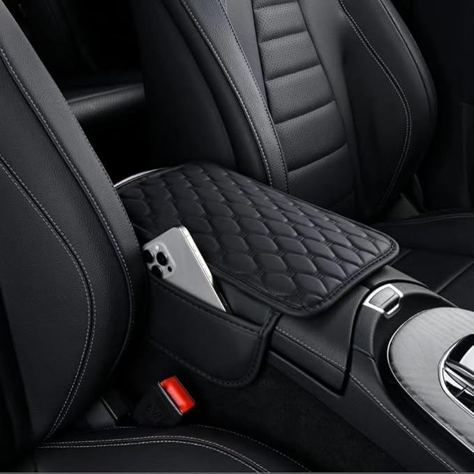 Rneswi Car Armrest Cover Leather Car Console Covers Box Pad with Pocket and Tissue Box Arm Rest Cover for Car for SUV Truck Sedan Vehicle (Thin-bark)
