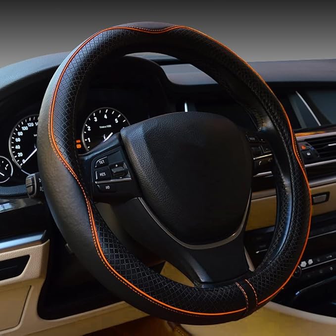 Car Steering Wheel Cover, Anti-Slip, Safety, Soft, Breathable, Heavy Duty, Thick, Full Surround, Sports Style (Black with Light Orange Line)