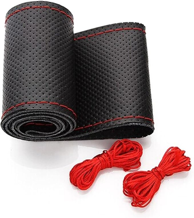 BELINOUS Universal Leather Car Steering Wheel Cover, Stitch On Wrap (Size M5, Black and Red)