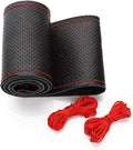 BELINOUS Universal Leather Car Steering Wheel Cover, Stitch On Wrap (Size L5, Black and Red)