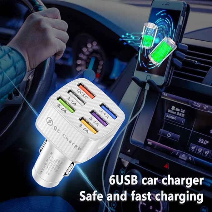 Fast Charging 6 Ports Car Phone Charger Adapter,QC3.0/3.1A Type Smart Shunt Cigarette Lighter USB Charger Compatible with iPhone 14 13 12,S22 S21 S20,iPad Pro& All Mobil Phone (White)