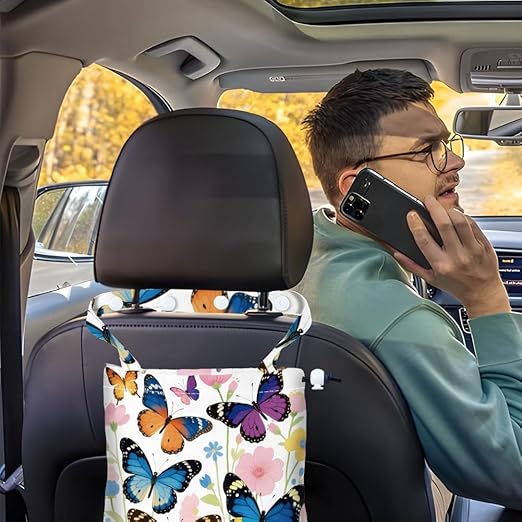 Butterflies Flowers Strap Drawstring Car Trash Bag Hanging Garbage Bag with Snap Buttons Car Back Seat Trash Storage Portable Dustbin Vehicle Trash Can Bag for Vehicle Travel Camping