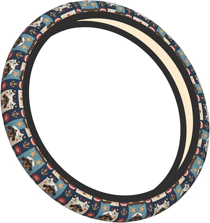 Dachshunds?Sailors Nautical Dog Pattern Car Steering Wheel Cover, 15 Inch Steering Wheel Cover Stylish Decor for Most Cars