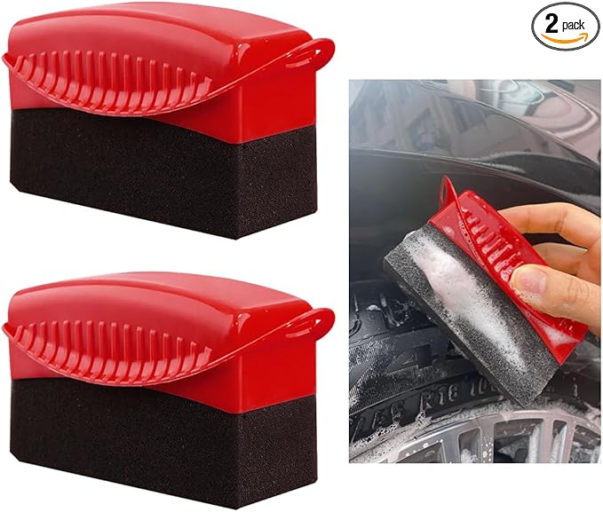2 PCS Tire Shine Applicator, Flat Dressing Waxing Sponge Pads With Lid Cover, Reusable Polishing Cleaning Foam Applicators With Rectangular Box, Car Accessories (Red)