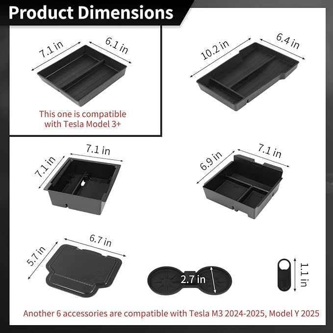 7 PCS Center Console Organizer Tray Set, 5 Storage Holders, Non-Slip Mat for Dual Cups, Webcam Cover, Compatible with Tesla M3 2024-2025, Model Y 2025, Interior Storage Accessories