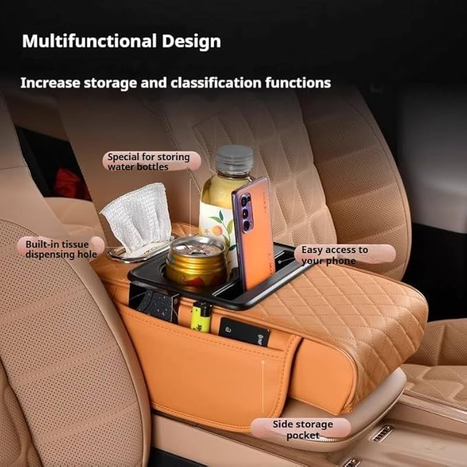 Leather car armrest Organizer with Cup Holders, Storage Pockets & Anti-Slip pad. Universal fit, Easy Install. (Beige)