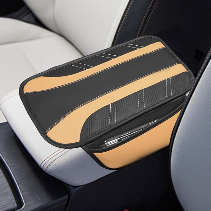Car Center Console Cover, Soft Leather Sporty Armrest Protector Cushion with 2 Storage Pockets, Comfortable Auto Interior Middle Console Arm Rest Box Pad, Universal for Vehicles (Beige)