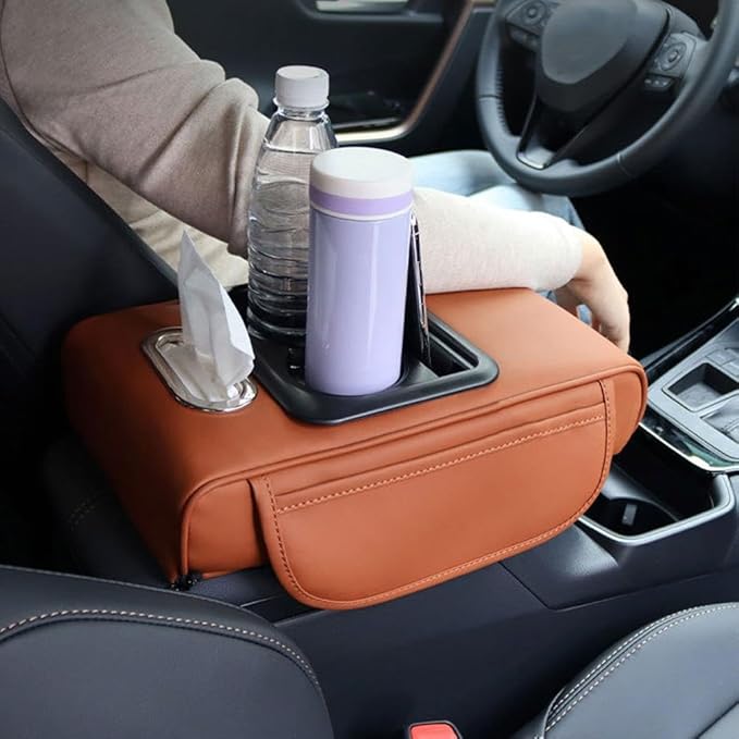 Car Armrest Cushion,5-in-1 Center Console Cover with 2 Storage Bags Cup Holder, Tissue Box Slot, Phone Slot for Car Sedans,Car Interior Accessories for Most Vehicle, SUV, Truck,Cars (Black)