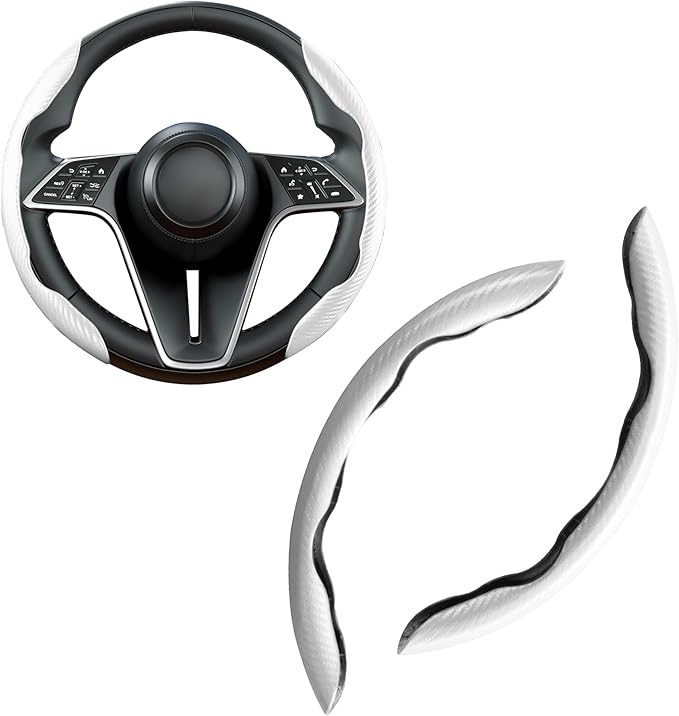 LevChall Carbon Fiber Steering Wheel Cover, 2-Piece Set Anti-Skid Comfortable Grip Segmented Butterfly Design, Easy Snap-On Installation Universal Fit 99% Cars, White