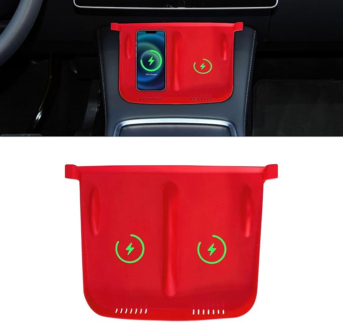 Center Console Wireless Charger Anti-Slip Silicone Mat, Waterproof Phone Pad for Wireless Charging, Car Interior Accessories Universal for Model 3 Model Y 2021-2024 (Luminous, Red)