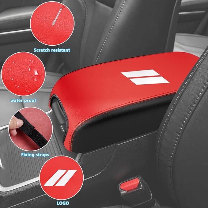 INTGET Center Console Cover for Dodge Charger Accessories 2011-2020 2021 2022 2023 for Chrysler 300 2015-2022 Leather Armrest Cover Console Lid Protector Cushion Pad (Black with Red, Leather)