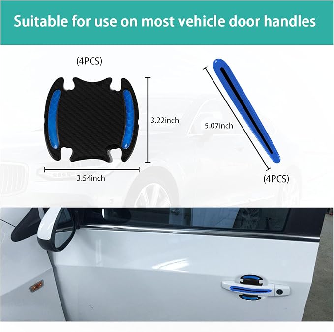 Augeny 8 PCS Car Door Handle Protector Reflective Stickers, Universal 3D Carbon Fiber Auto Door Handle Paint Guard, Anti-Scratch Car Door Bowl Protective Film for Most Cars (Blue)